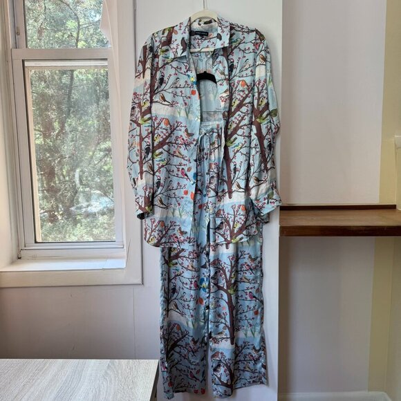 NWT Karen Mabon Winter Birds Satin Pajama Set Button Down Top + Pants Large - Picture 3 of 14